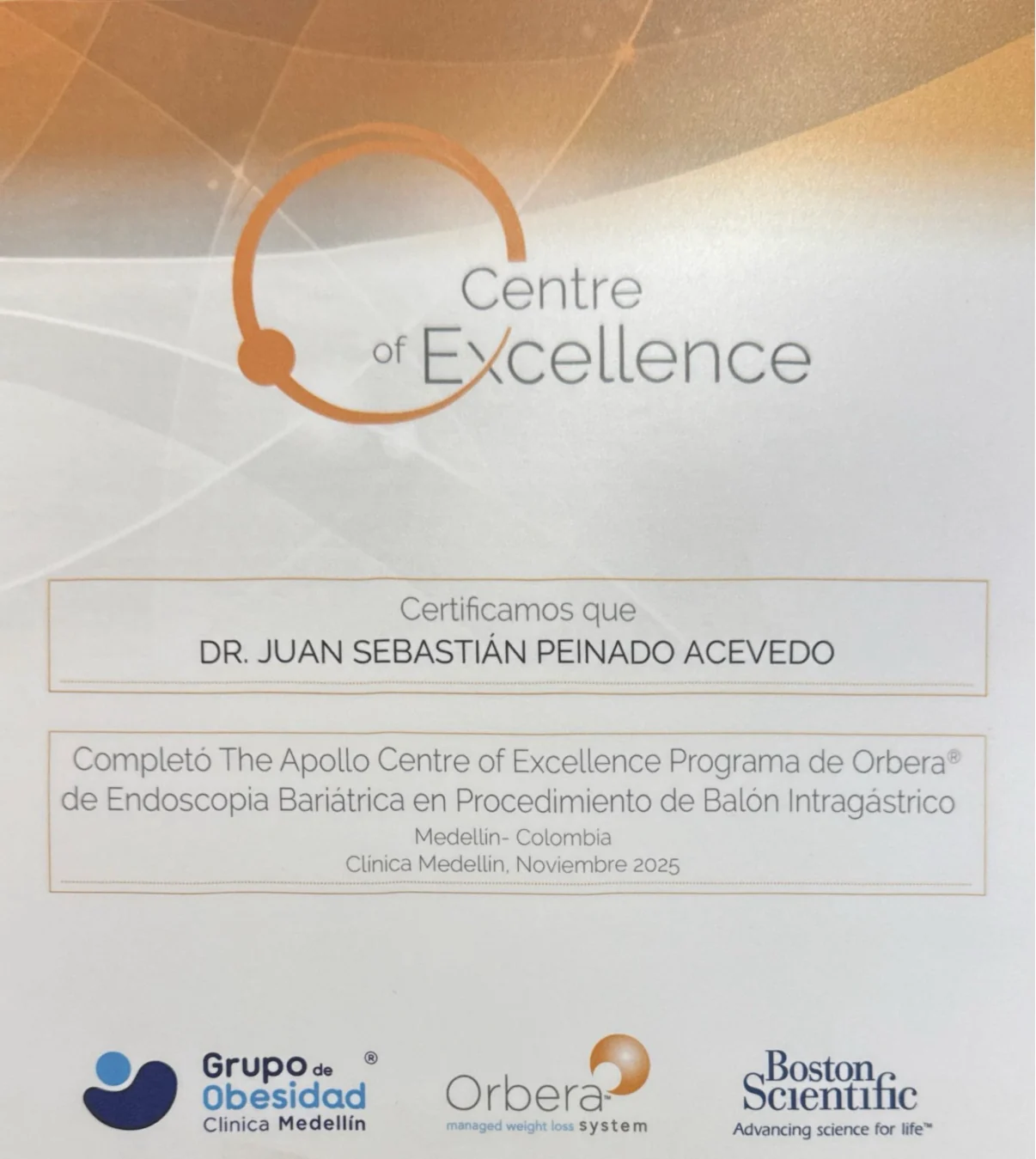 Certificado Apollo Centre of Excellence de Orbera a nombre del Dr. Juan Sebastián Peinado Acevedo